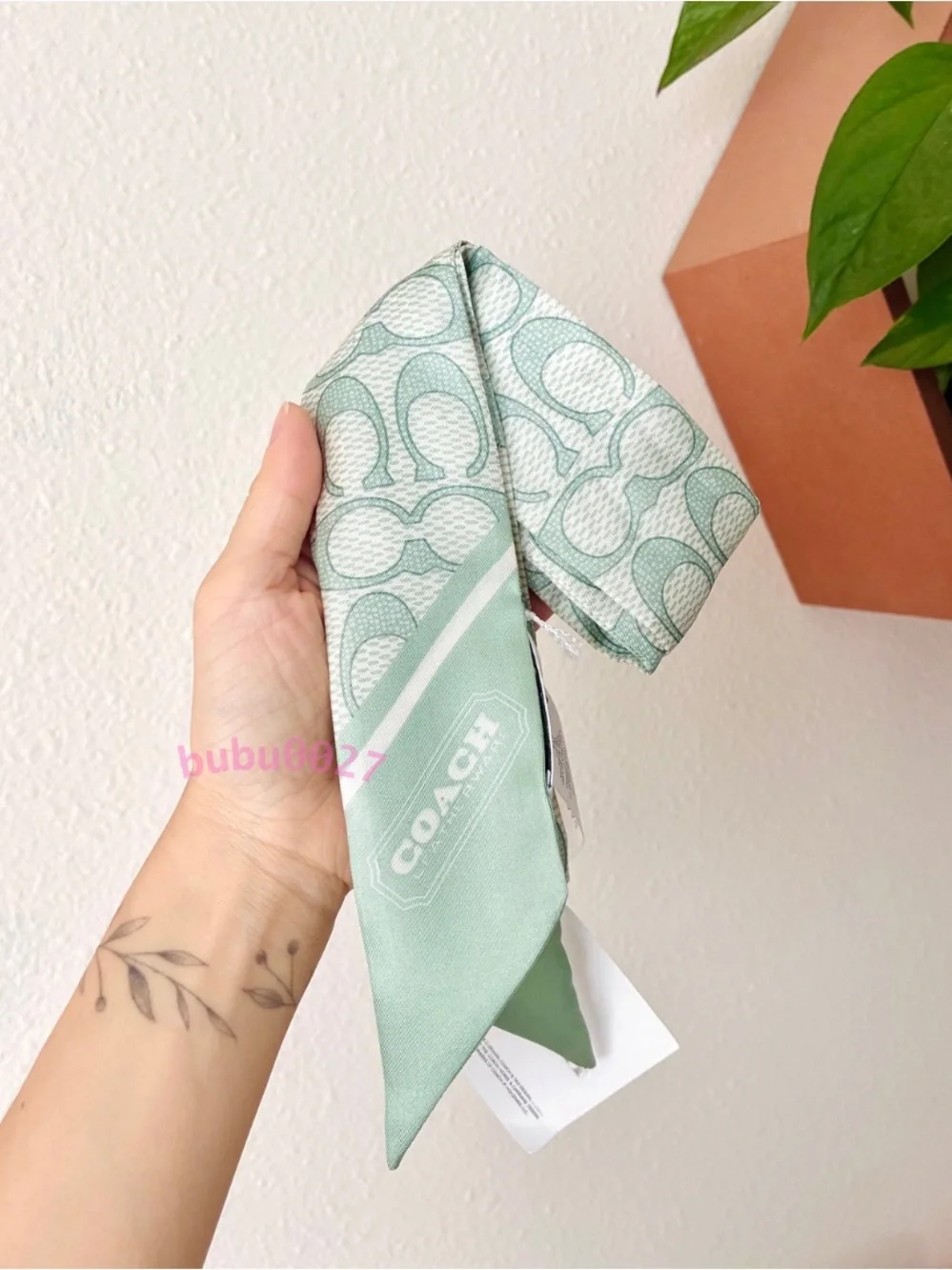 NWT🍏Coach Textured Signature Print Silk Skinny Scarf Mint C2783 Hair Bag Green